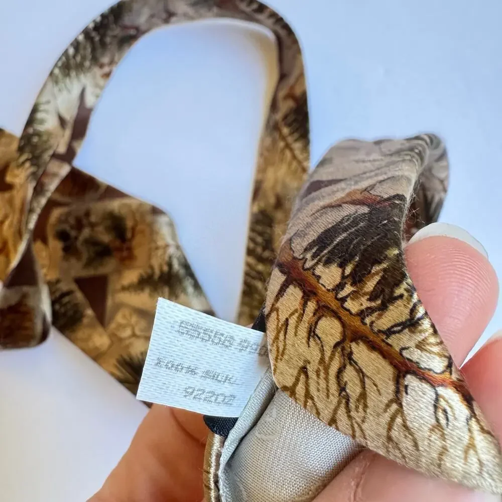 Oscar De La Renta‎ Mens Silk Necktie Wood Cream Brown Tie Trees Nature Forestry